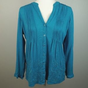 Soft Surroundings Teal 3/4 Length‎ Sleeve Eyelet Embroidered Top SZ Petite
